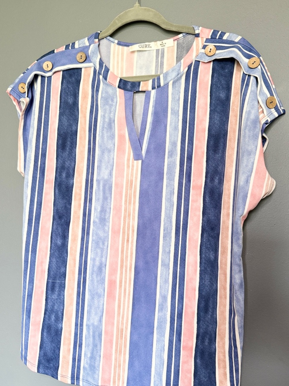 CURE Striped Short-Sleeve Blouse in Blue & Pink